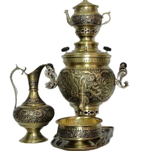 سماور گل مرغ قلمکاری برنجی دست ساز ضخیم سنگین سفارشی سرویس سیاه قلم نانو شده شش لیتری زغالی ذغالی آنتیک قلمزنی جهان نما